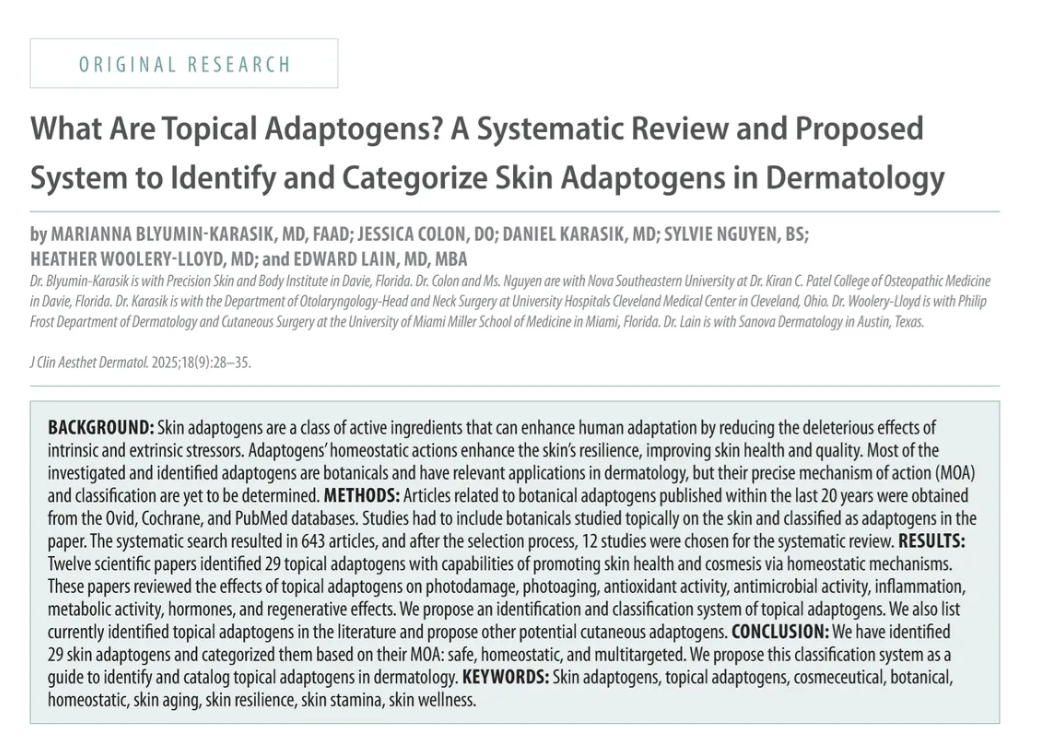 Published Article: What Are Topical Adaptogens? A Systematic Review and Proposed System to Identify and Categorize Skin Adaptogens in Dermatology
